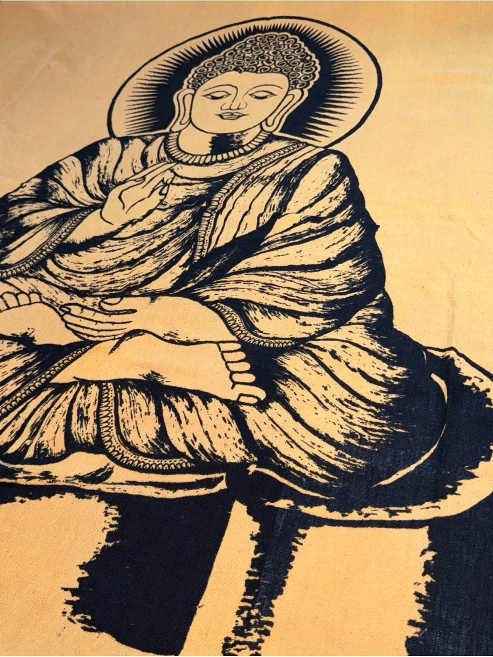 Buddha GOLD Black Cotton Tapestry BIG light Wt Blanket ART Wiccan 98x60” YOGA XL